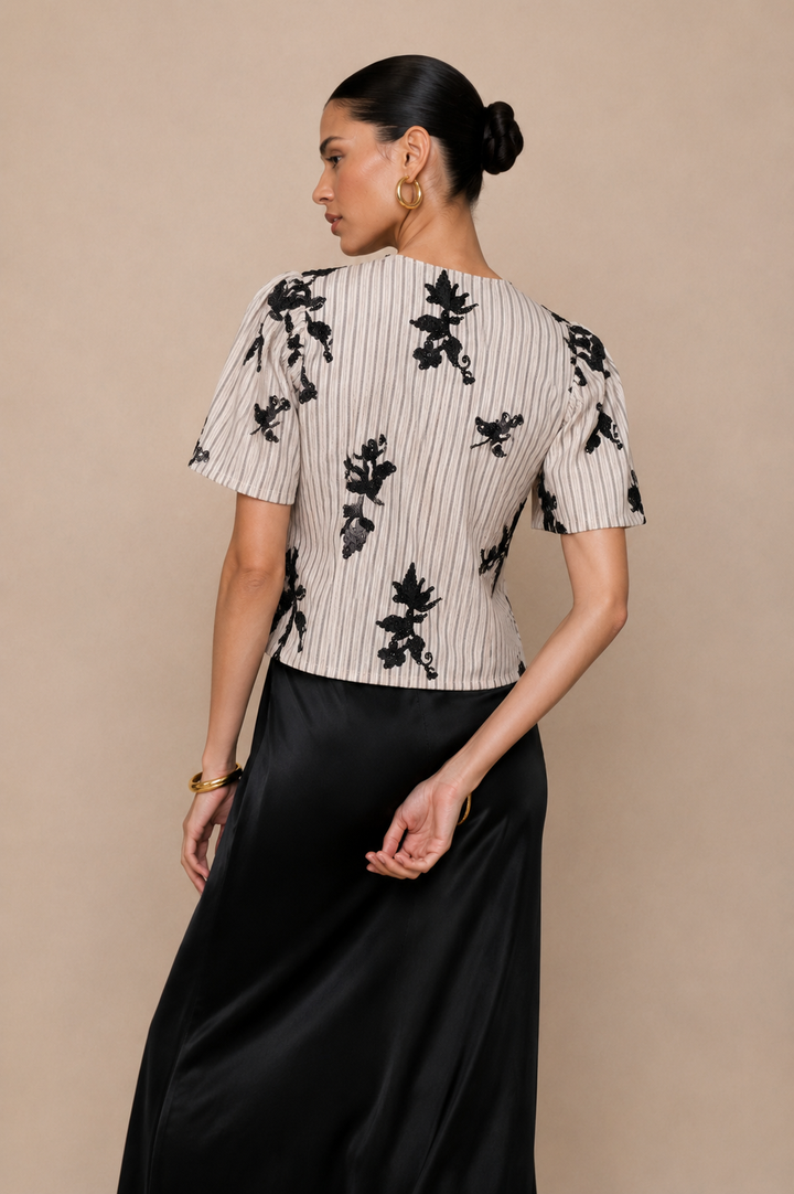 Sequin Bird Embellished Tie-Front Top