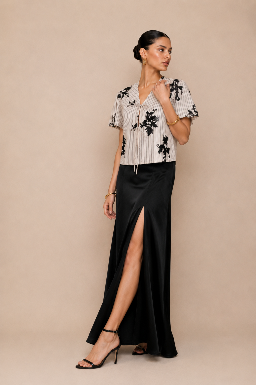Sequin Bird Embellished Tie-Front Top