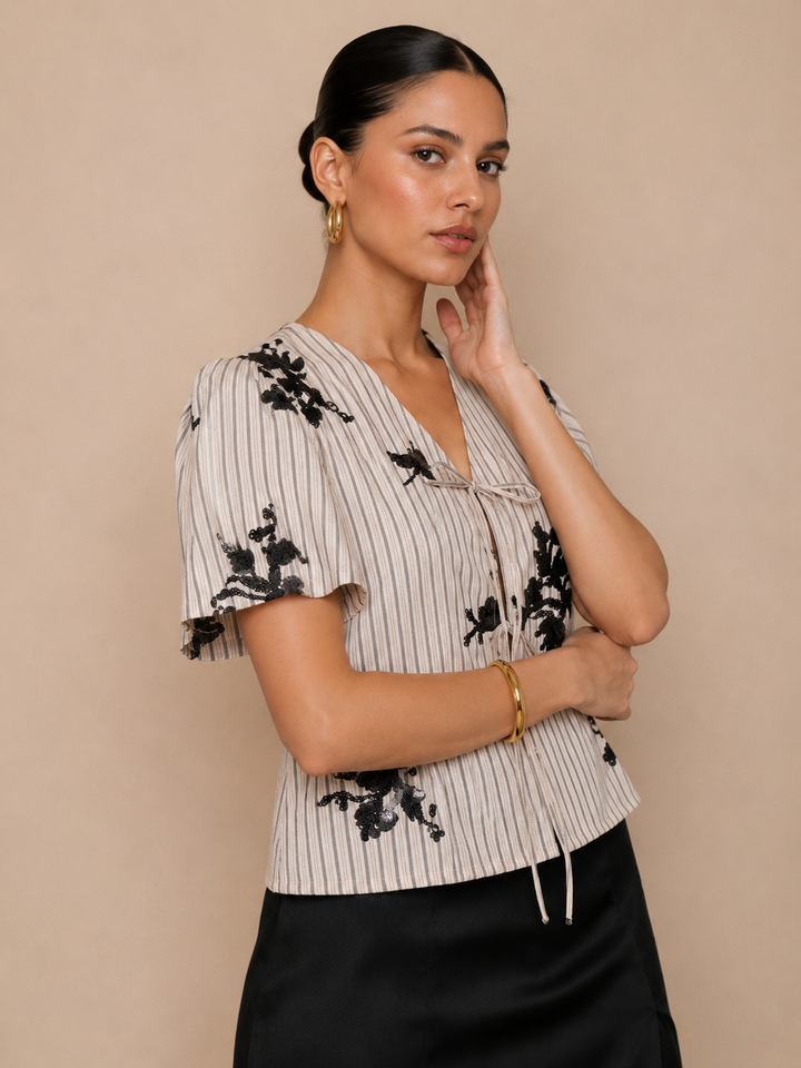 Sequin Bird Embellished Tie-Front Top