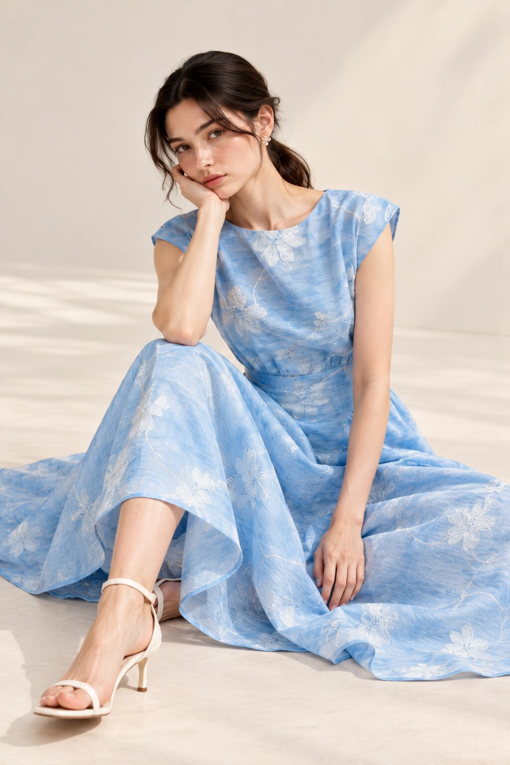 Celeste Powder Blue Floral Embroidered Fit &amp; Flare Midi Dress