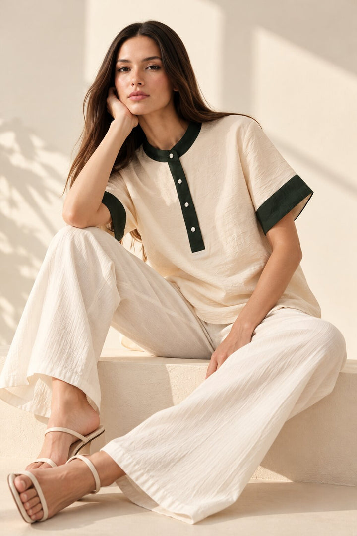 Ivory Relaxed Fit Top with Contrast Green Collar and Cuffs
