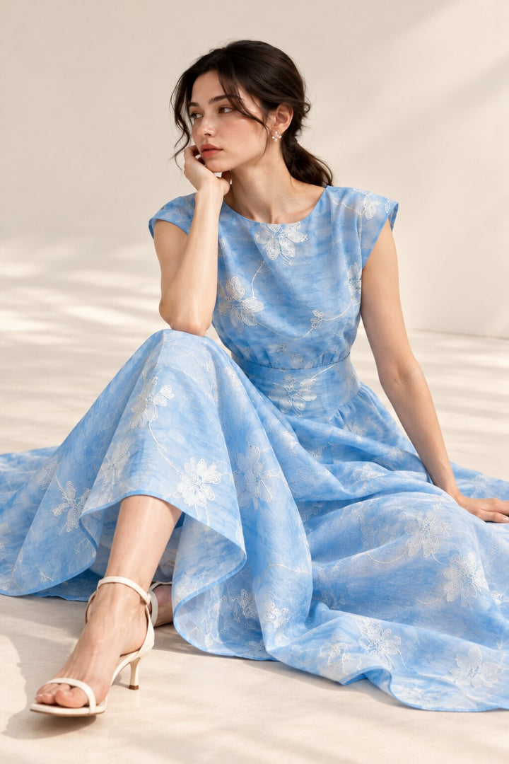 Celeste Powder Blue Floral Embroidered Fit &amp; Flare Midi Dress