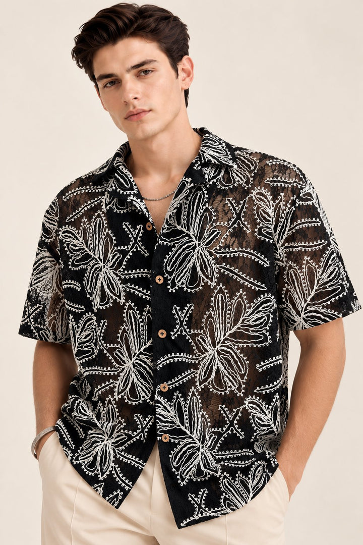 Black Floral Embroidered Sheer Shirt
