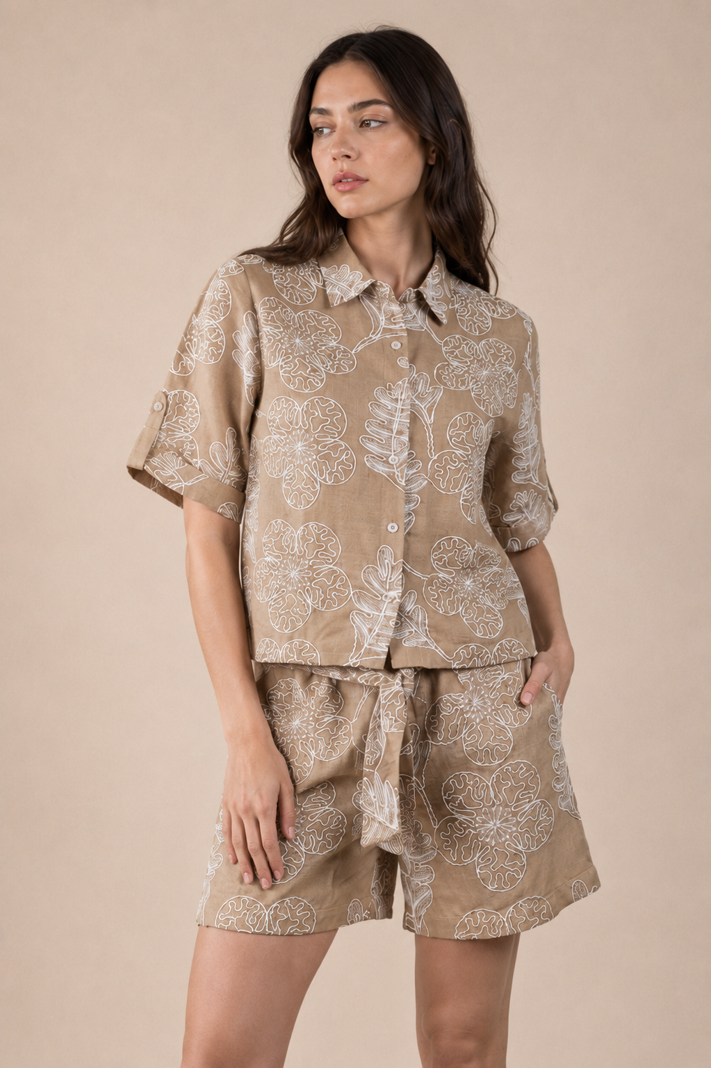 Floral Embroidered Shirt and Shorts Set