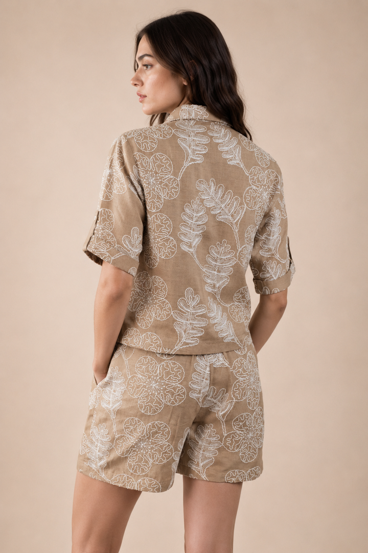Floral Embroidered Shirt and Shorts Set