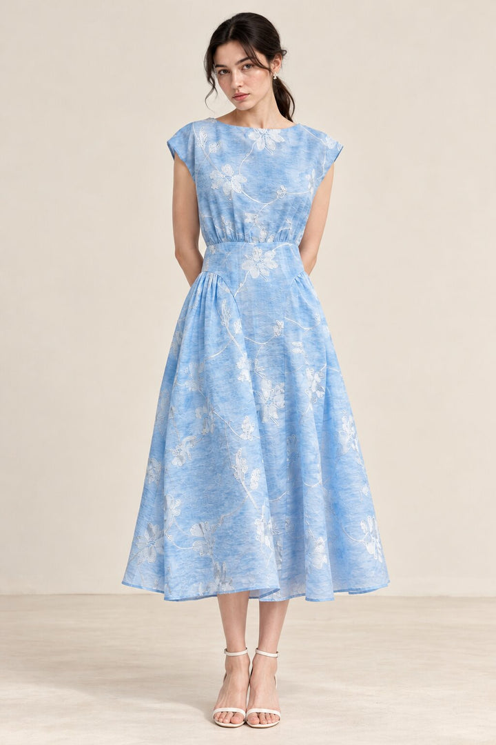 Celeste Powder Blue Floral Embroidered Fit &amp; Flare Midi Dress