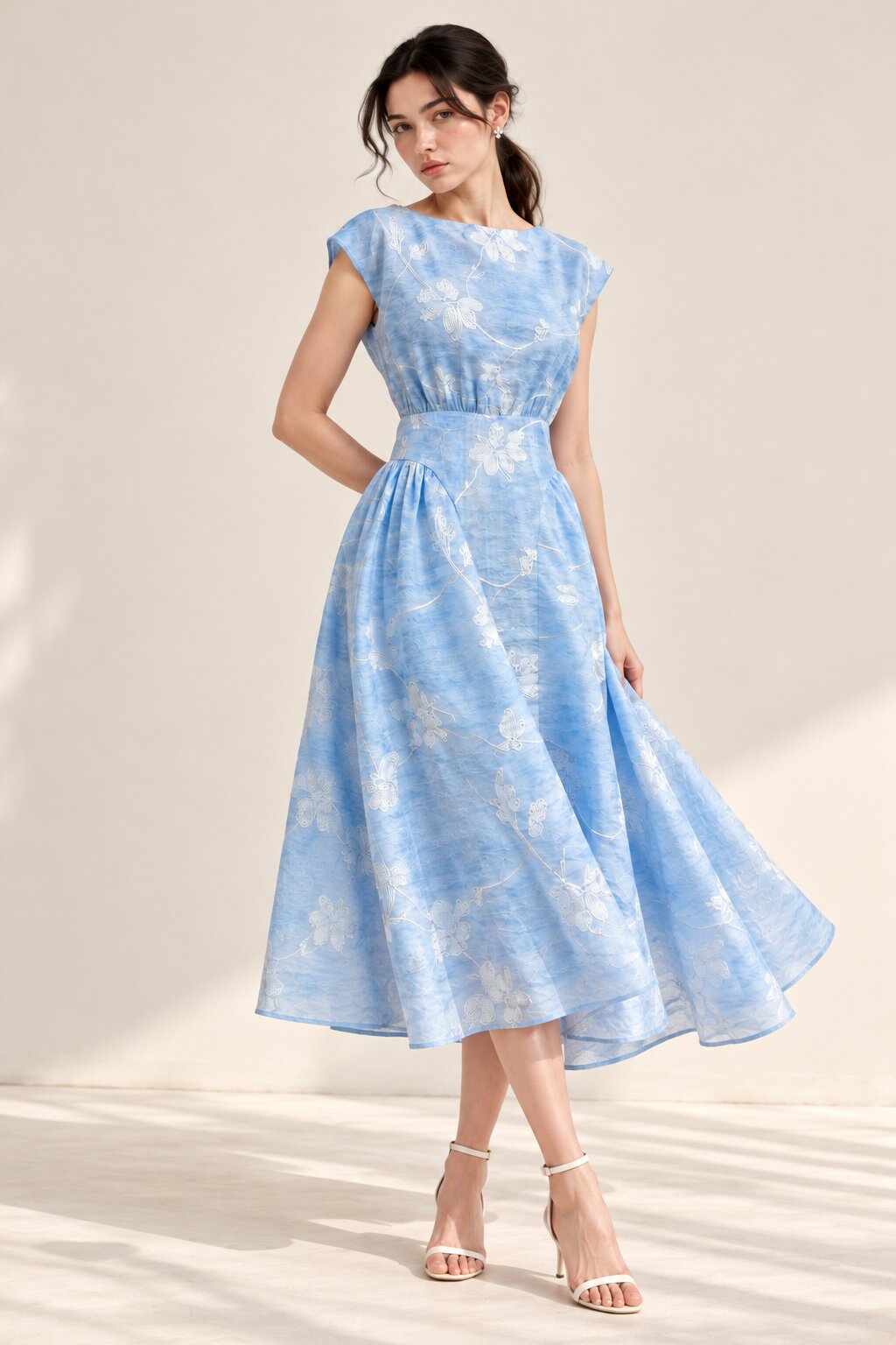 Celeste Powder Blue Floral Embroidered Fit &amp; Flare Midi Dress