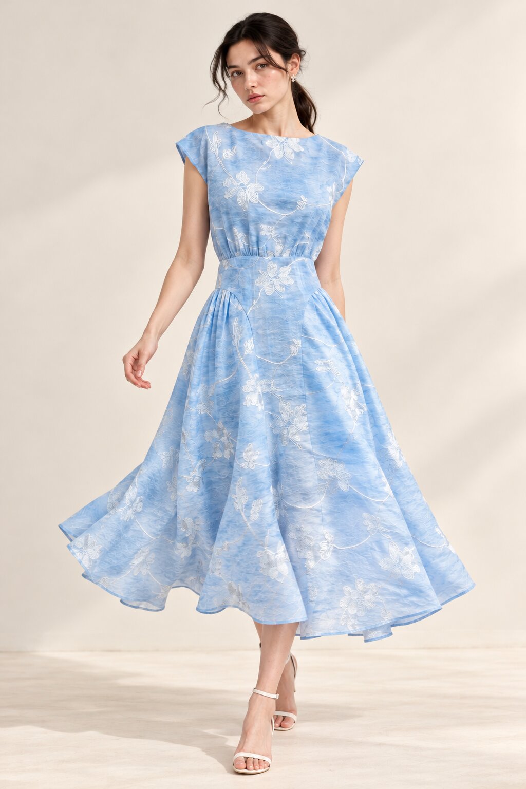 Celeste Powder Blue Floral Embroidered Fit &amp; Flare Midi Dress