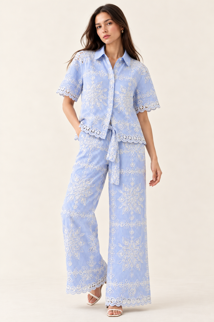 Blue Stripe Embroidered Co-Ord Set