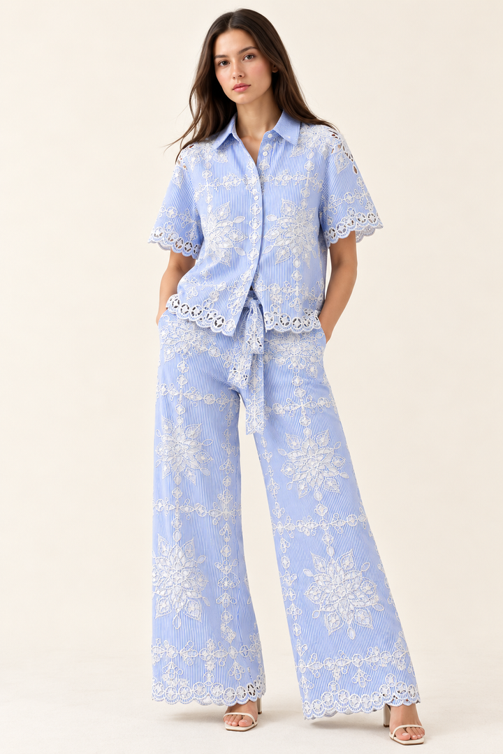 Blue Stripe Embroidered Co-Ord Set