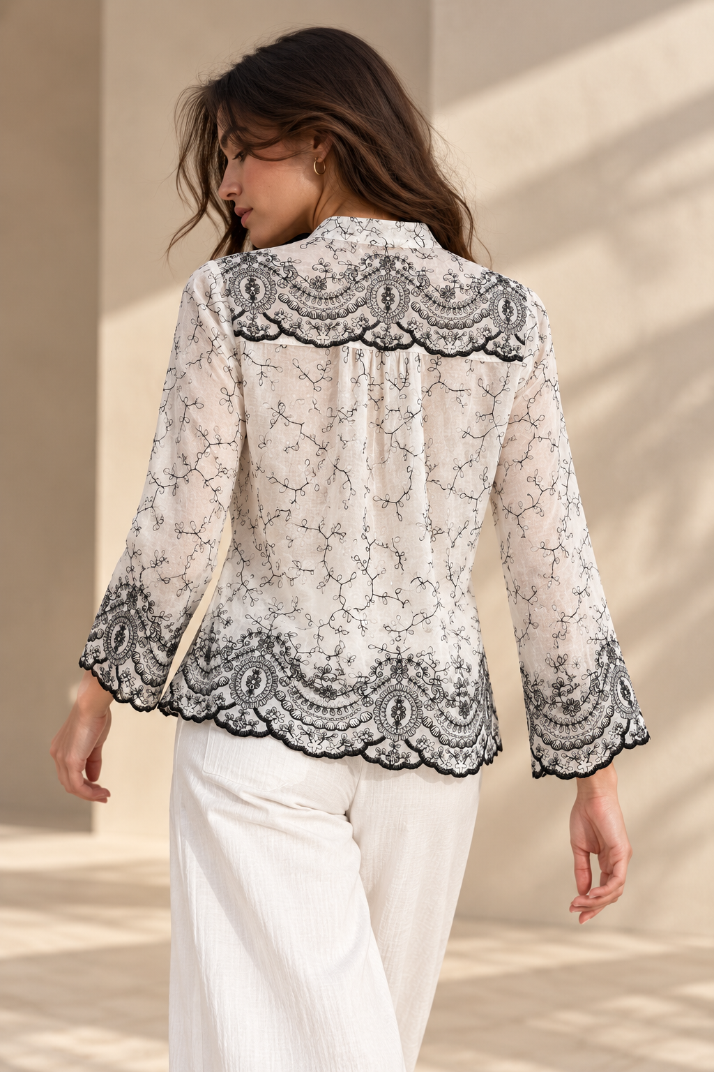 Ivory Black Embroidered Mandarin Collar Shirt