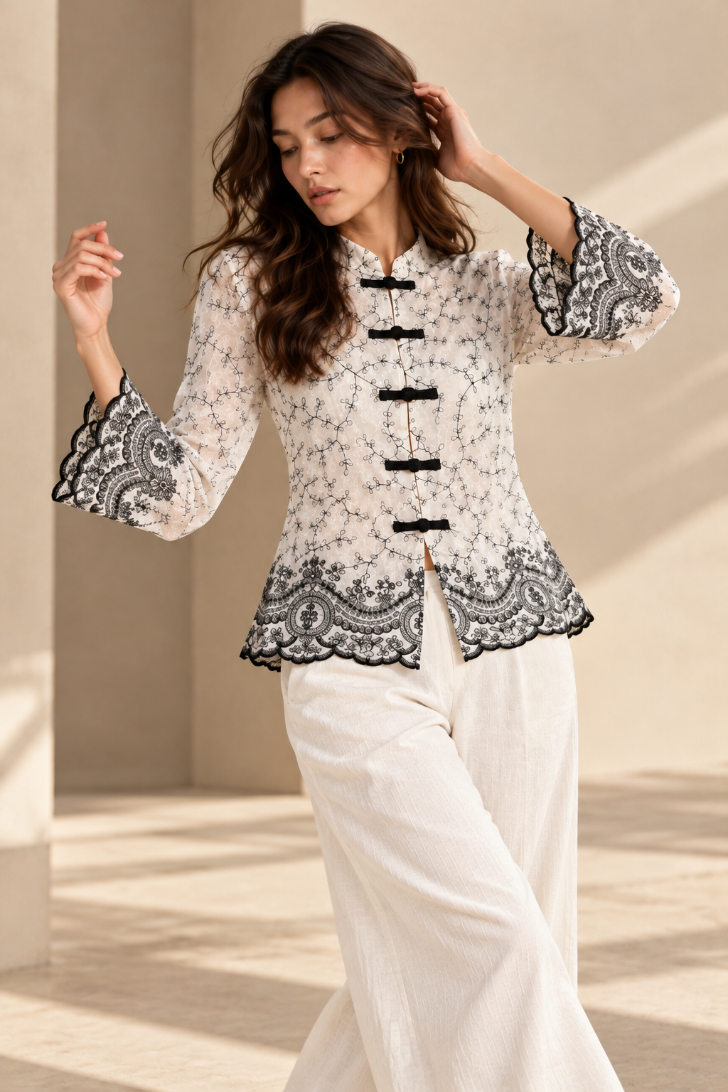 Ivory Black Embroidered Mandarin Collar Shirt