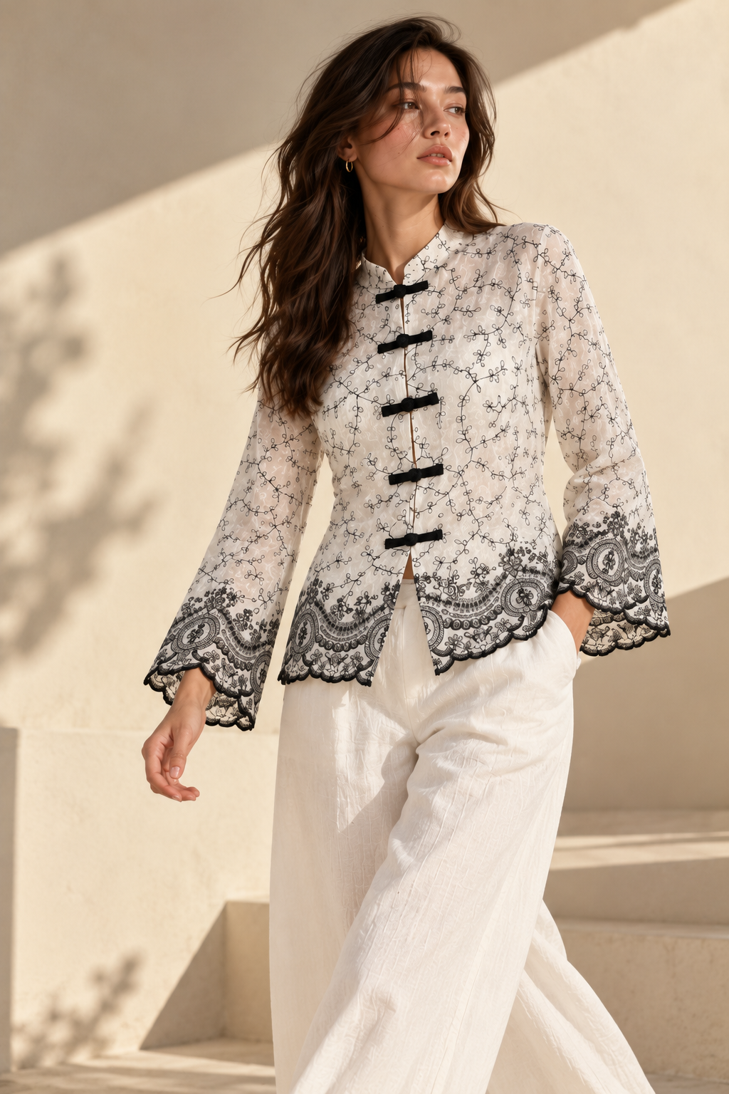 Ivory Black Embroidered Mandarin Collar Shirt