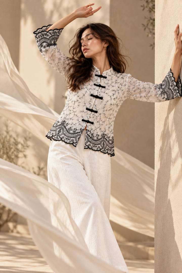 Ivory Black Embroidered Mandarin Collar Shirt