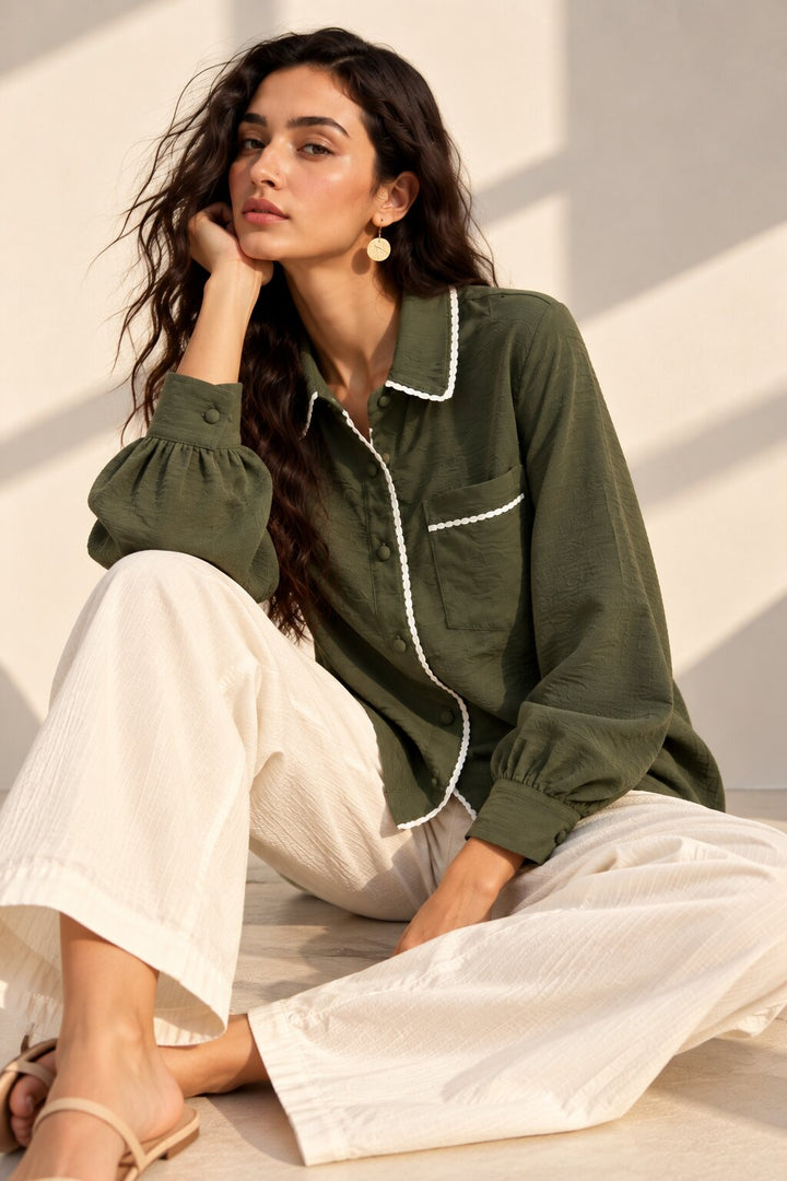 Olive Green Shirt with White Edge Detailing