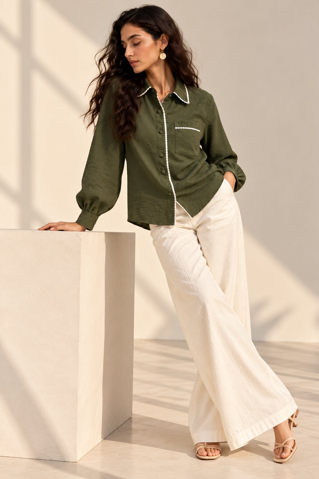 Olive Green Shirt with White Edge Detailing