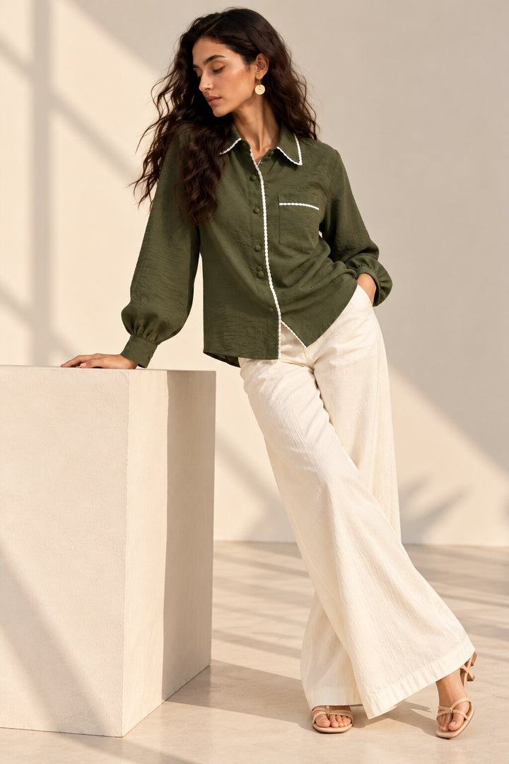 Olive Green Shirt with White Edge Detailing