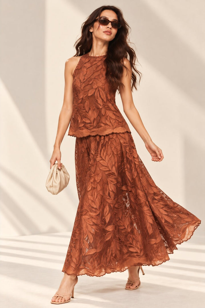 Rust Brown Leaf Embroidered Top &amp; Maxi Skirt Co-ord Set