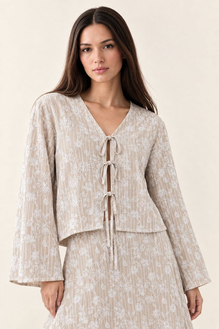 Taupe Floral Stripe Tie-Front Top and Maxi Skirt Co-Ord Set