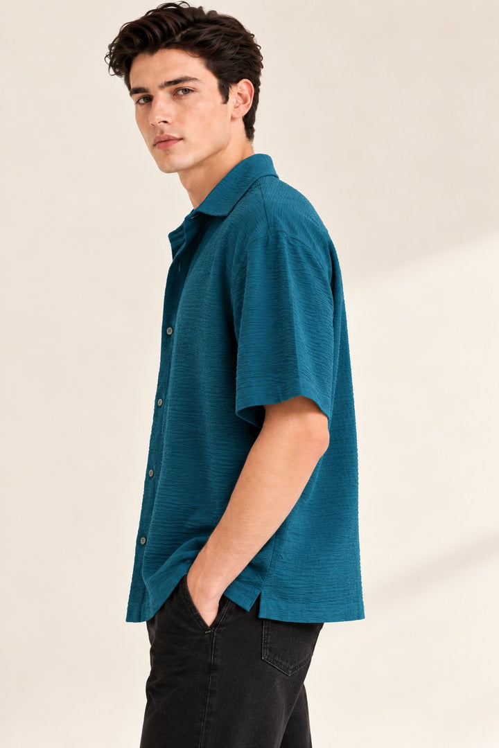 Ocean Teal Textured Half Sleeve Shirt