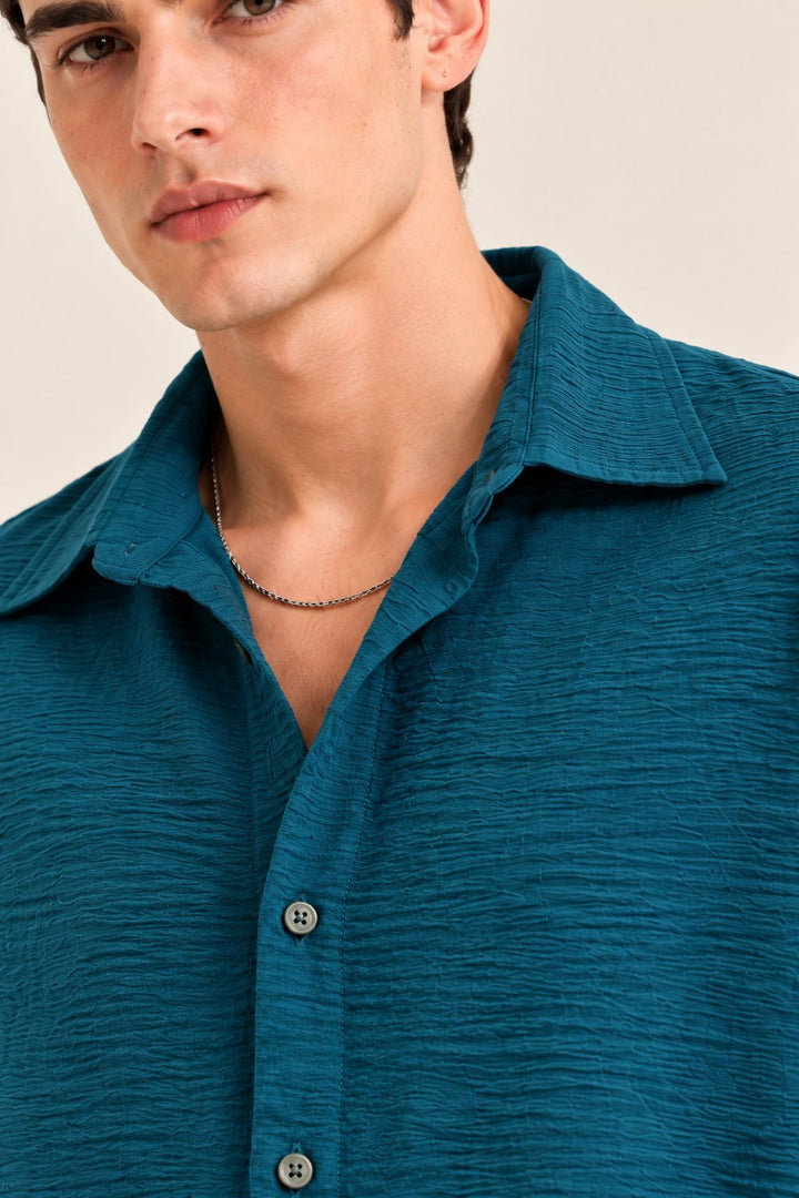 Ocean Teal Textured Half Sleeve Shirt