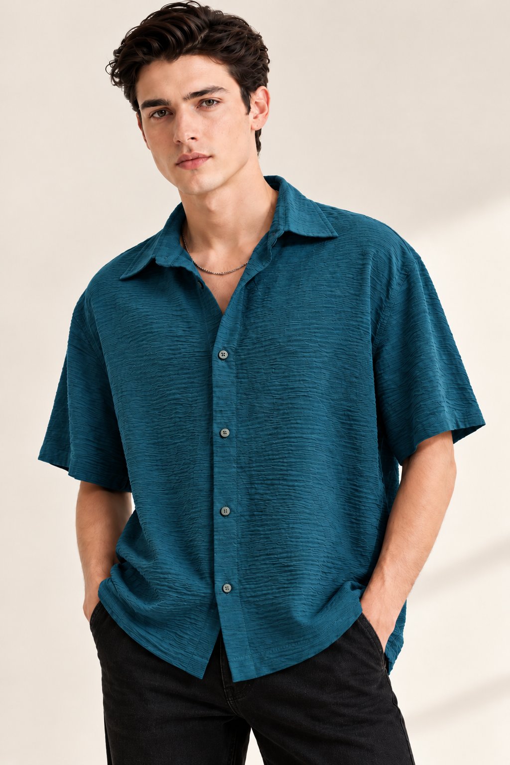 Ocean Teal Textured Half Sleeve Shirt