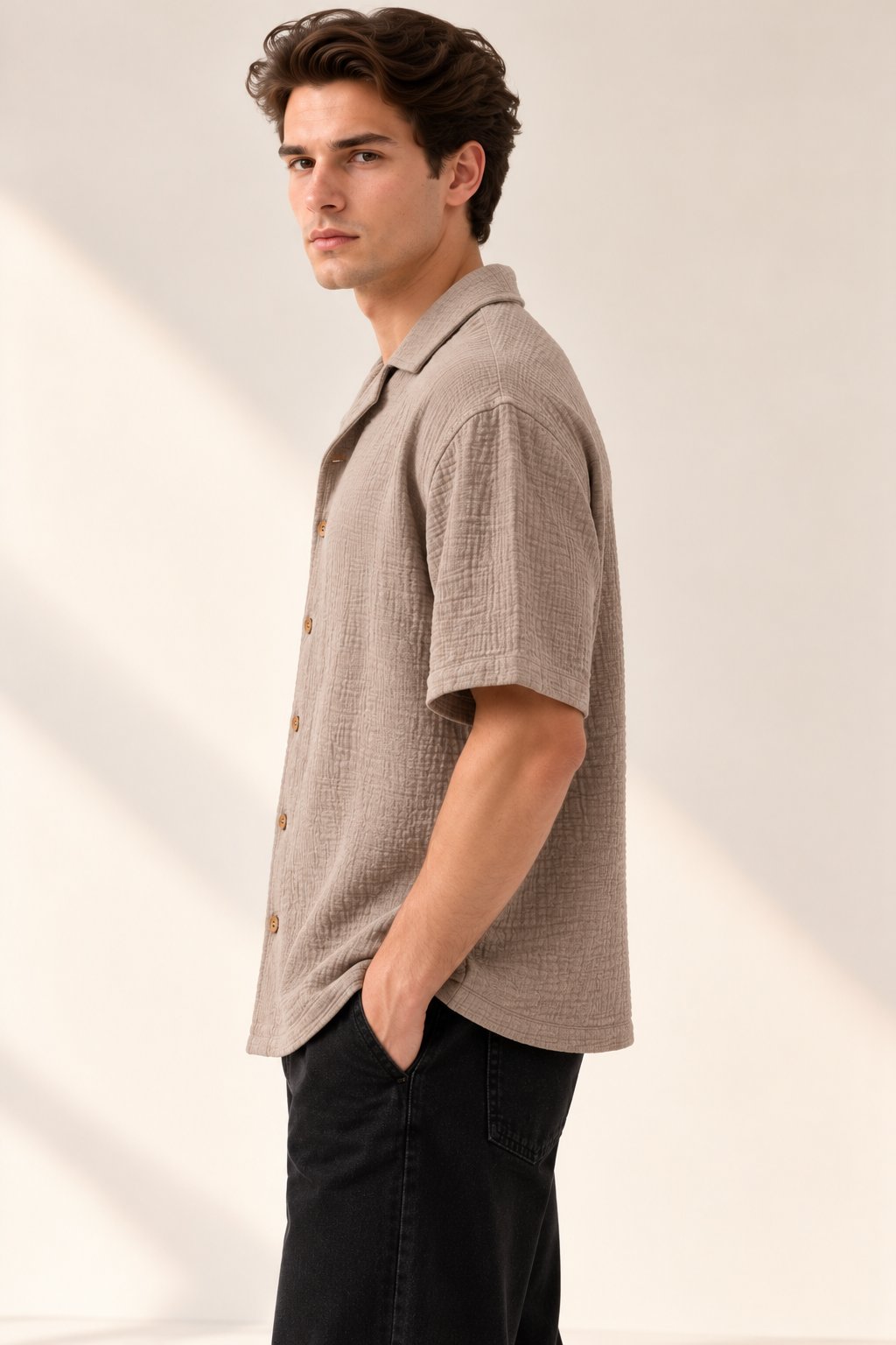 Mocha Beige Textured Short Sleeve Shirt