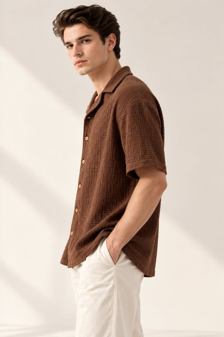 Chocolate Brown Textured Short Sleeve Shirt