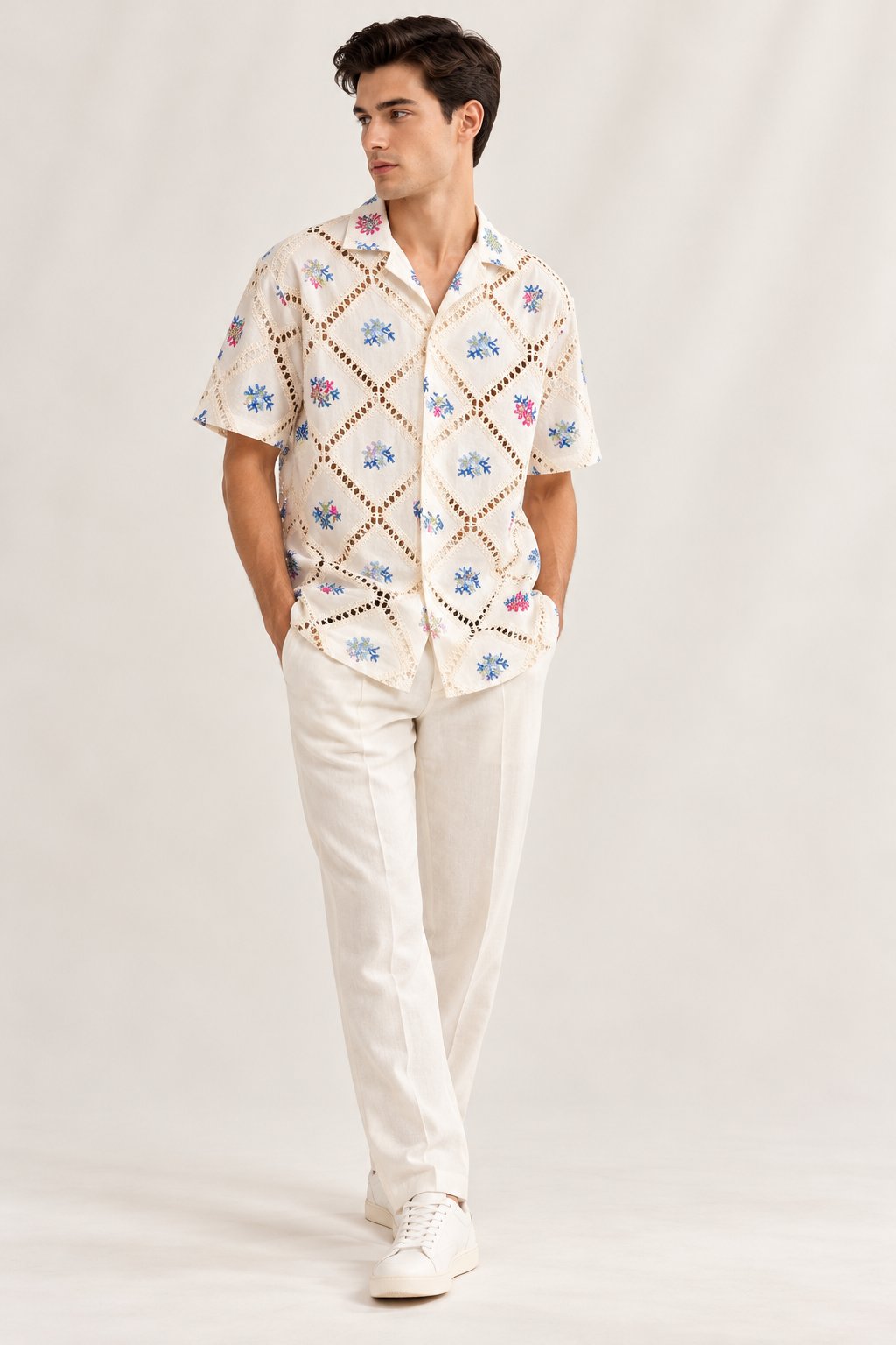 Ivory Floral Embroidered Crochet Shirt