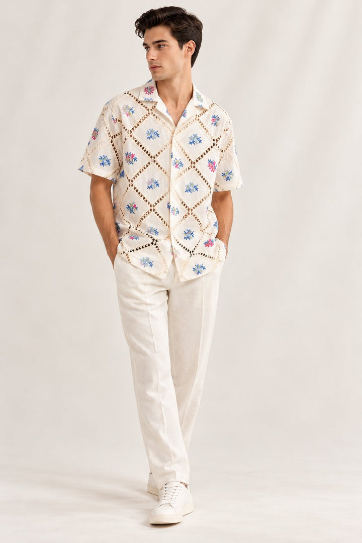 Ivory Floral Embroidered Crochet Shirt