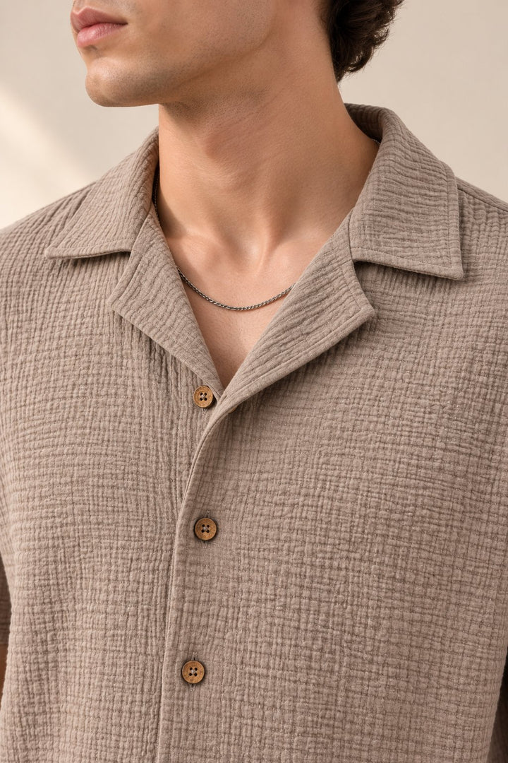 Mocha Beige Textured Short Sleeve Shirt