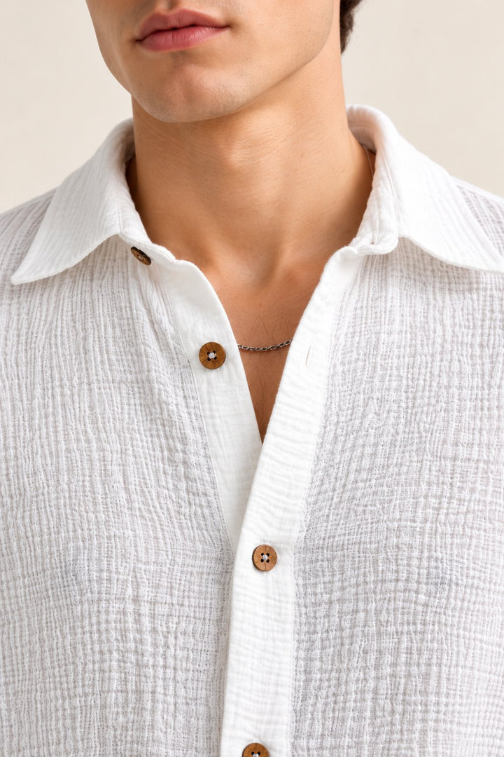 White Crinkle Textured Short Sleeve Shirt