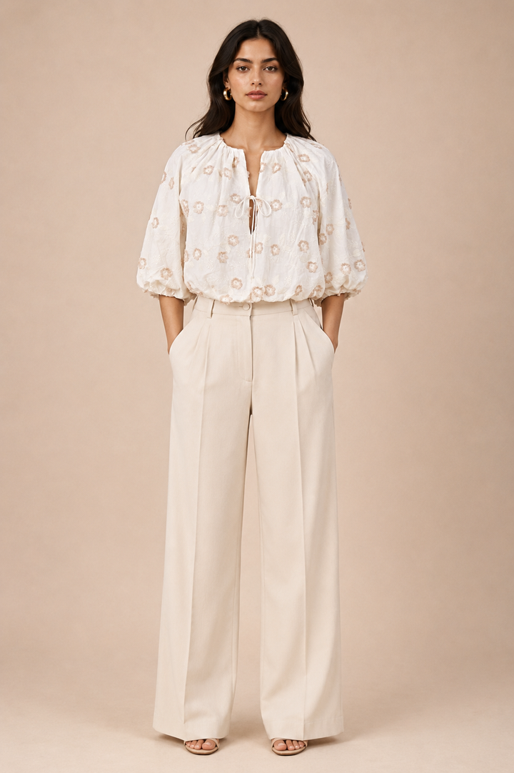 Floral Appliqué Balloon Sleeve Front-Tie Crop Top