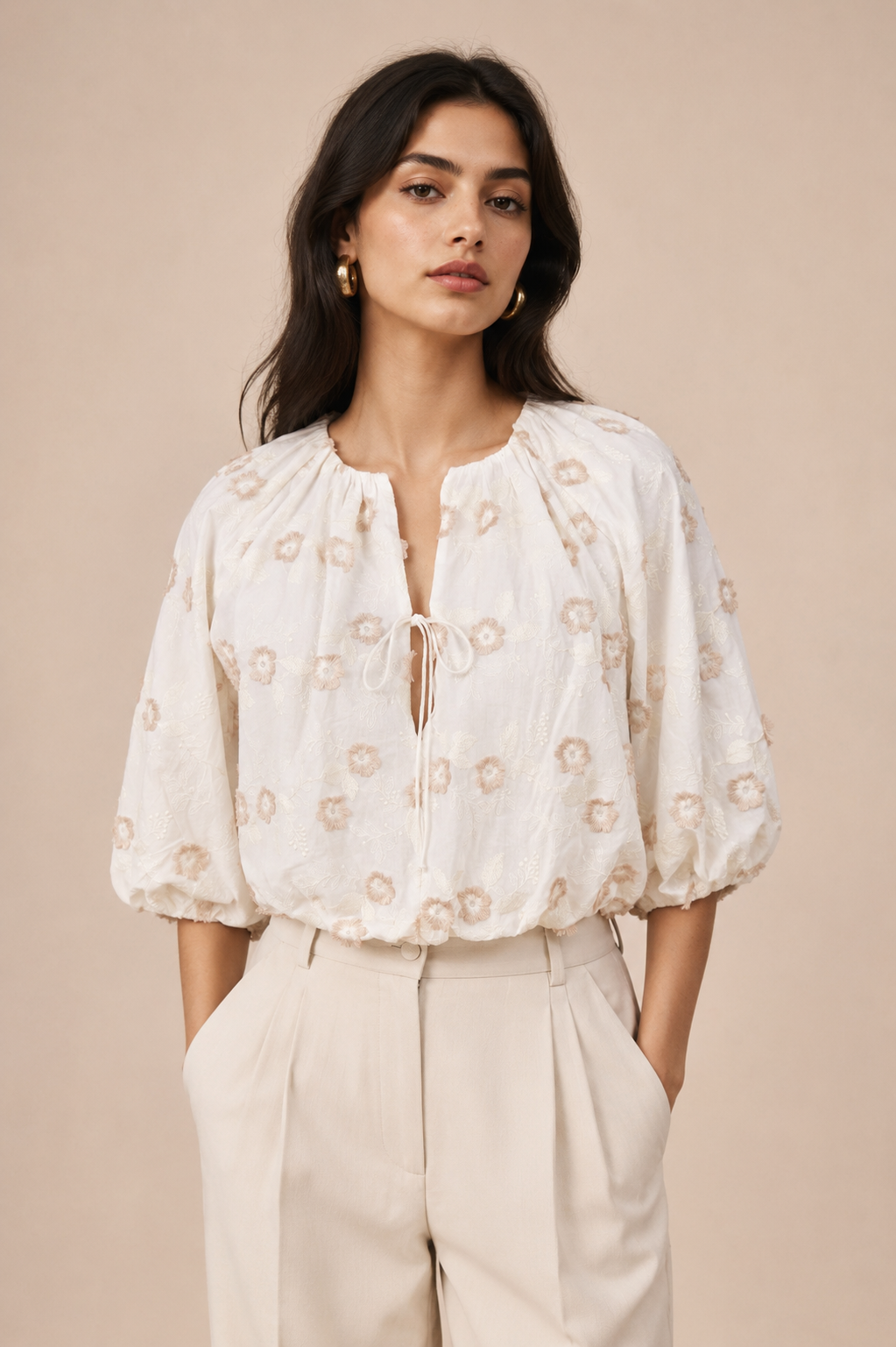 Floral Appliqué Balloon Sleeve Front-Tie Crop Top