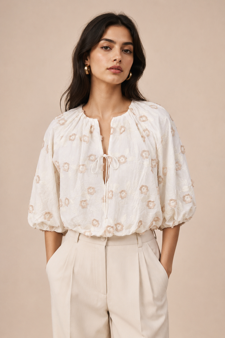 Floral Appliqué Balloon Sleeve Front-Tie Crop Top