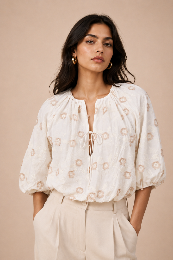 Floral Appliqué Balloon Sleeve Front-Tie Crop Top
