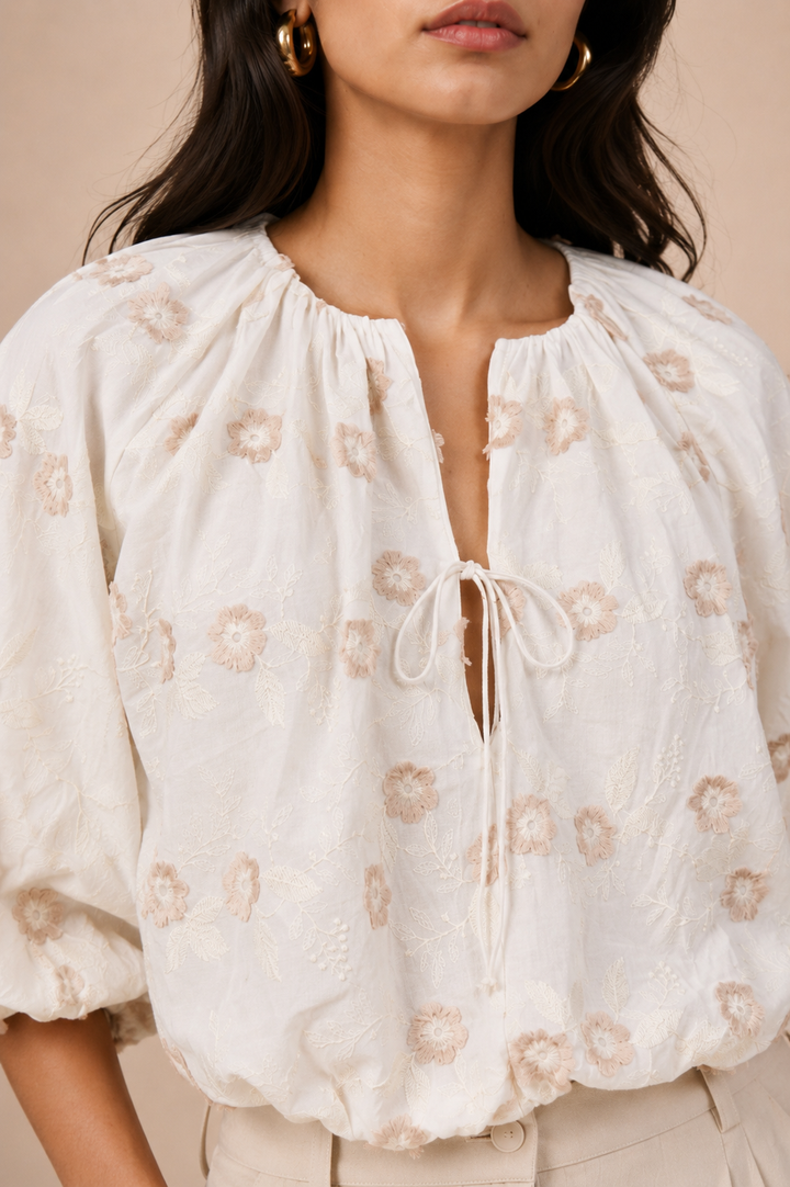 Floral Appliqué Balloon Sleeve Front-Tie Crop Top