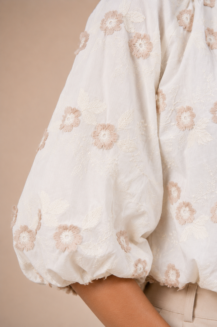 Floral Appliqué Balloon Sleeve Front-Tie Crop Top