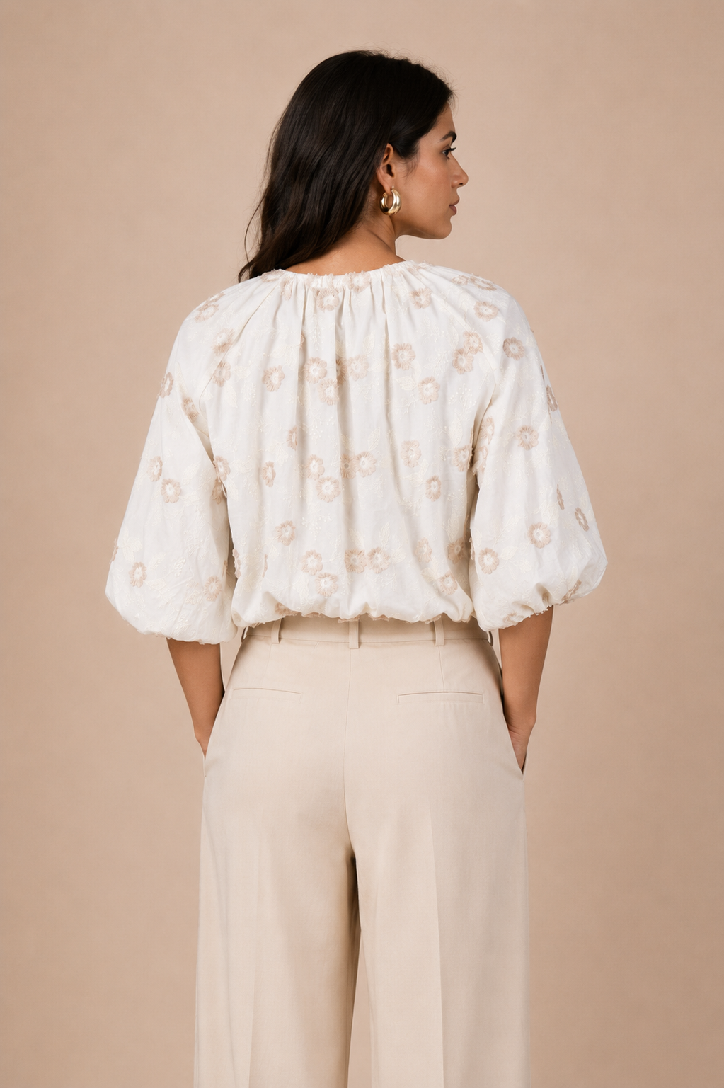 Floral Appliqué Balloon Sleeve Front-Tie Crop Top