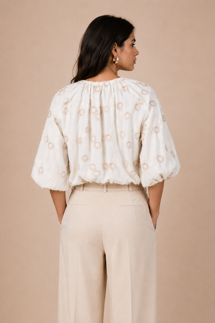 Floral Appliqué Balloon Sleeve Front-Tie Crop Top