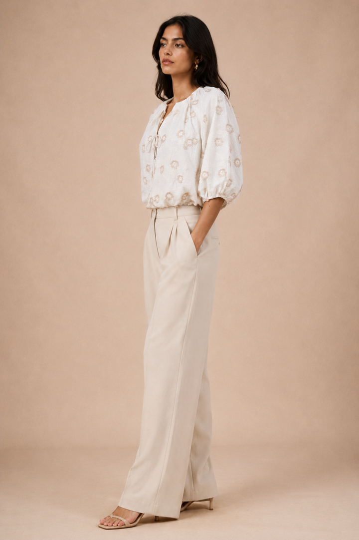 Floral Appliqué Balloon Sleeve Front-Tie Crop Top
