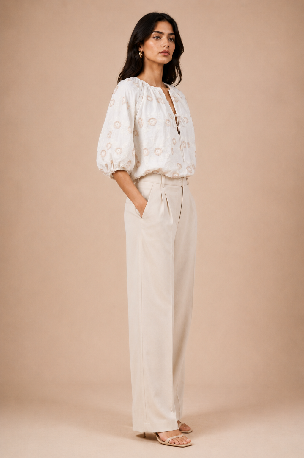 Floral Appliqué Balloon Sleeve Front-Tie Crop Top