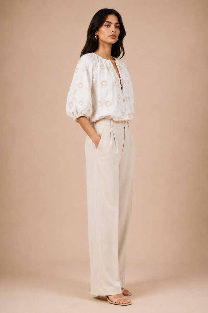 Floral Appliqué Balloon Sleeve Front-Tie Crop Top