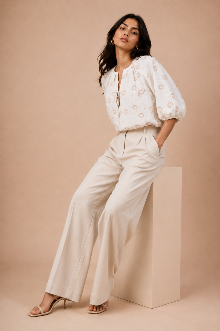 Floral Appliqué Balloon Sleeve Front-Tie Crop Top