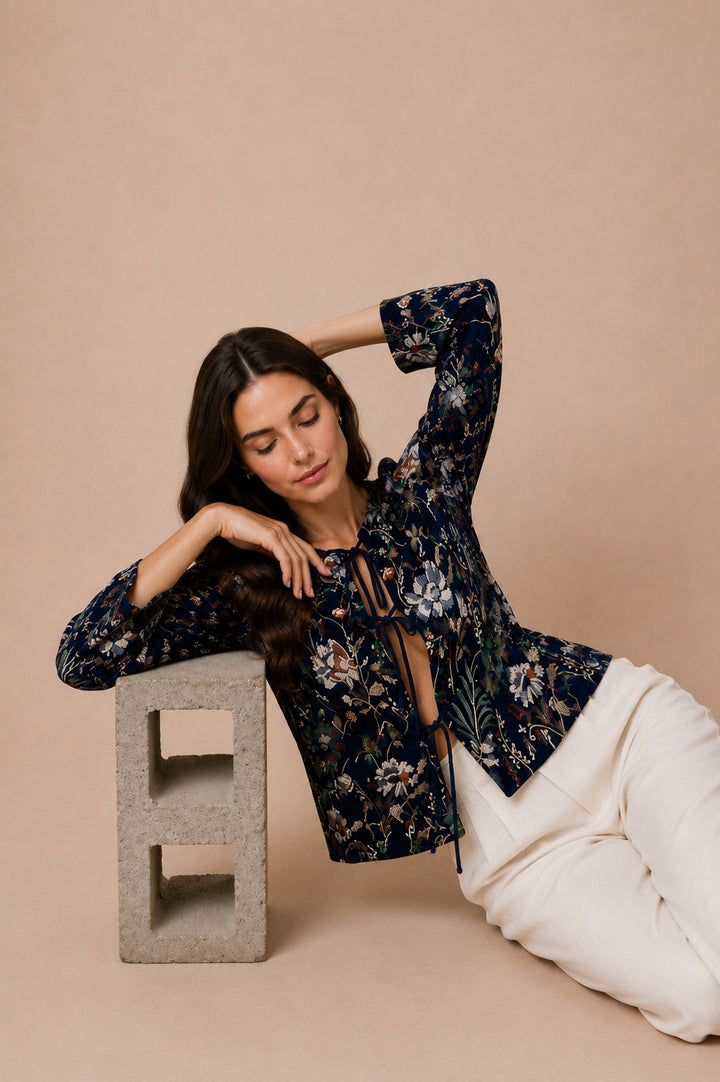 Floral Embroidered Velvet Overlay Jacket