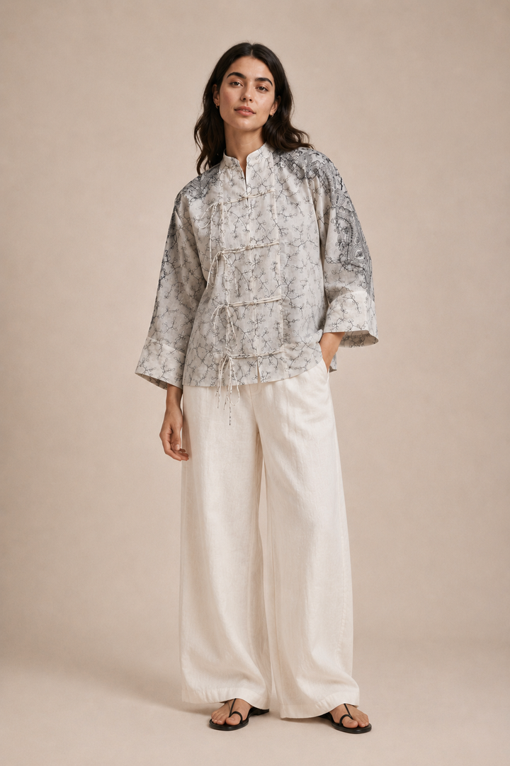 Oversized Embroidered Tie-Front Top
