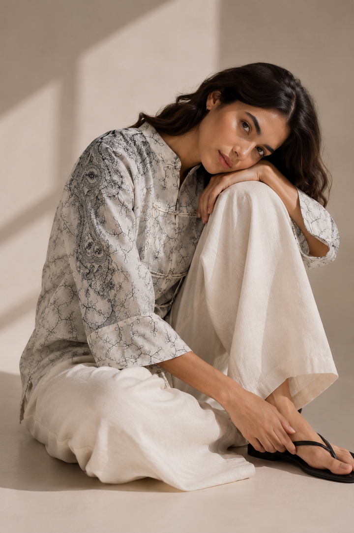 Oversized Embroidered Tie-Front Top