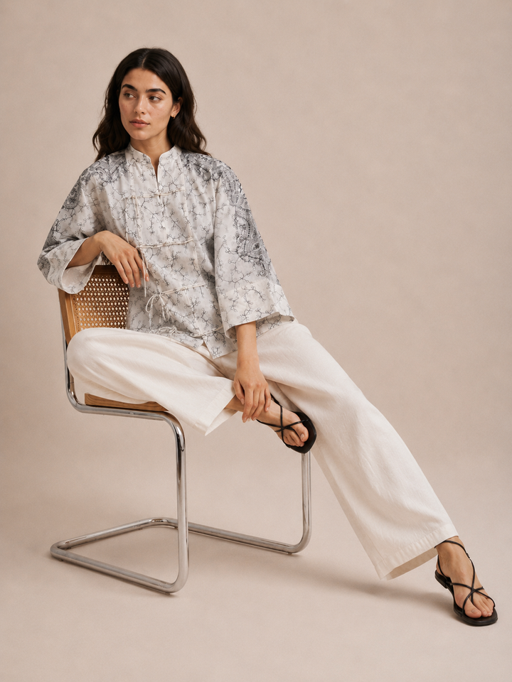Oversized Embroidered Tie-Front Top