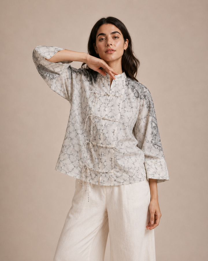 Oversized Embroidered Tie-Front Top