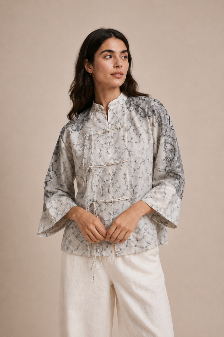 Oversized Embroidered Tie-Front Top